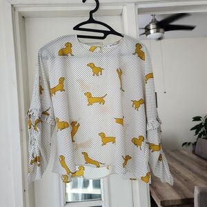BCBGeneration White Blouse with Mustard Dachshund Print